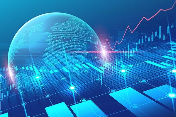 Computer data visualisation with a globe and graphs