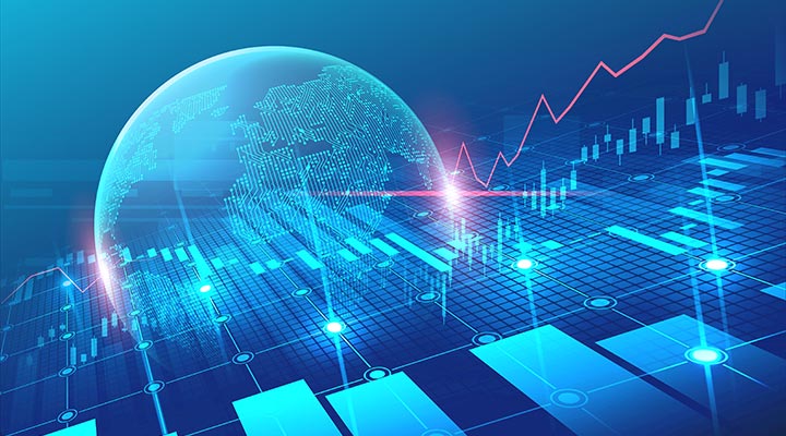 Computer data visualisation with a globe and graphs