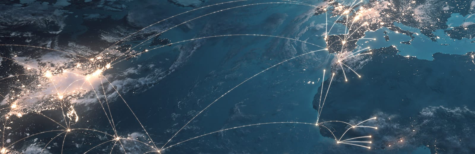 Visualisation of global trading across the world, with dynamic beams of light illustrating the global trades